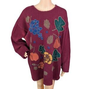 VTG Chaus Embroidered Fall Sweater 3X | Burgundy Ramie Cotton Patchwork Cottage